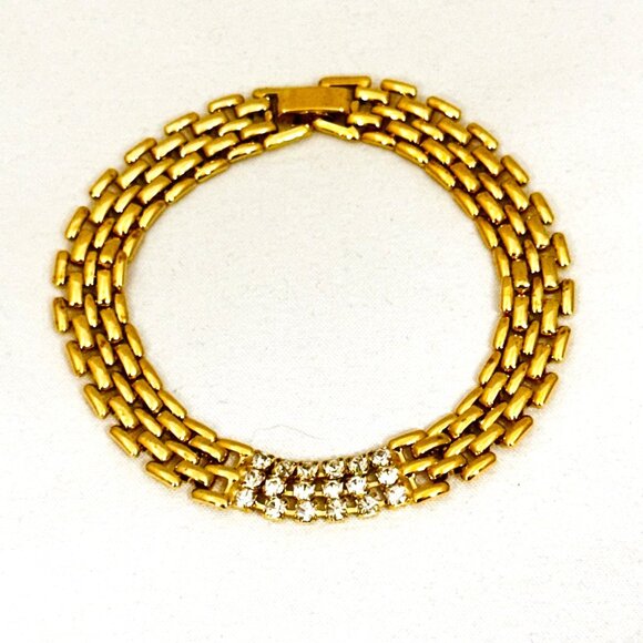 Vintage Gold-Tone Rhinestone Bracelet With Fold Over Clasp & Triple Row Design - Picture 3 of 8